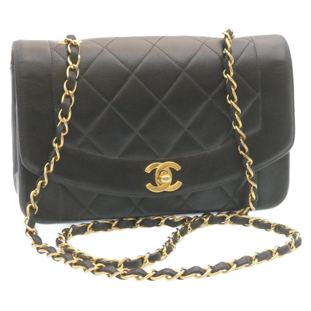 CHANEL Chain Turn Lock Diana Matelasse Shoulder Bag Lamb Skin Black  28470A