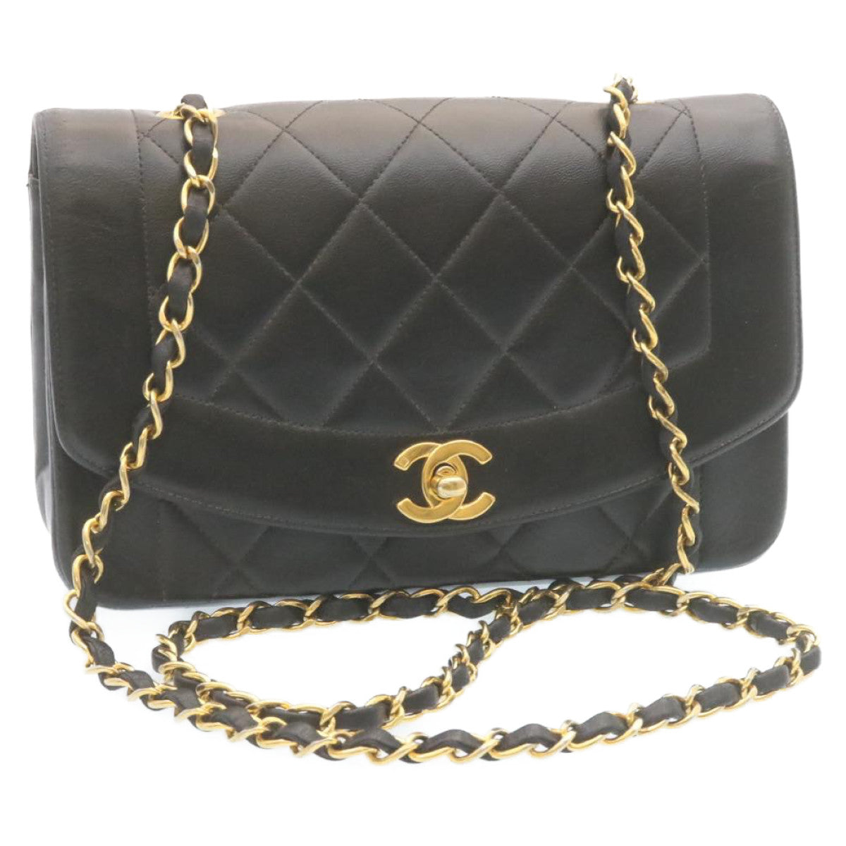 CHANEL Chain Turn Lock Diana Matelasse Shoulder Bag Lamb Skin Black  28470A