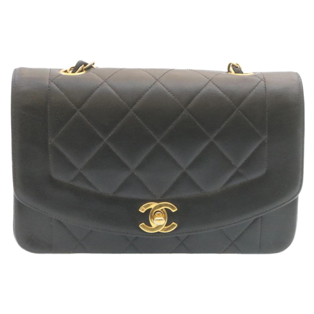 CHANEL Chain Turn Lock Diana Matelasse Shoulder Bag Lamb Skin Black  28470A