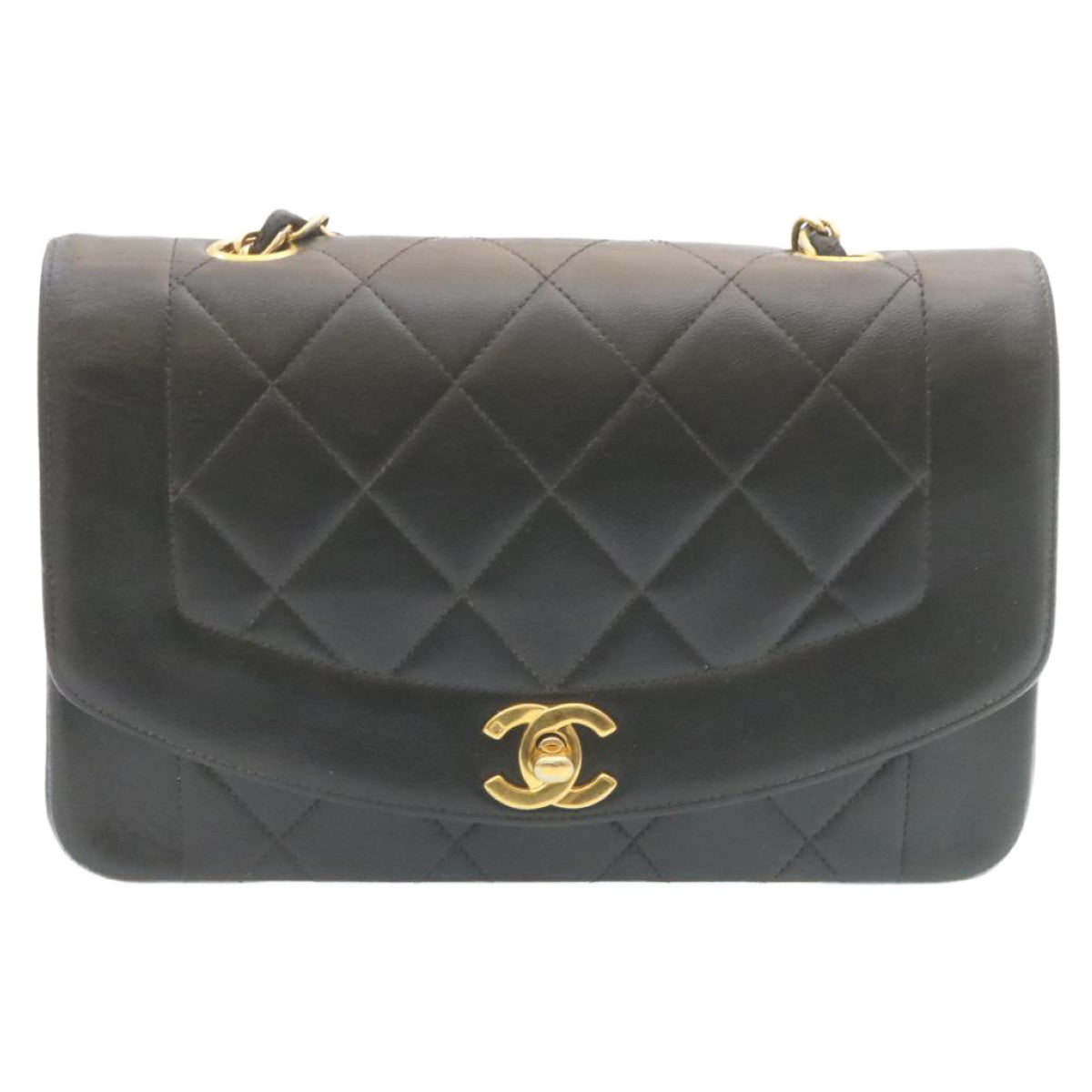 CHANEL Chain Turn Lock Diana Matelasse Shoulder Bag Lamb Skin Black  28470A