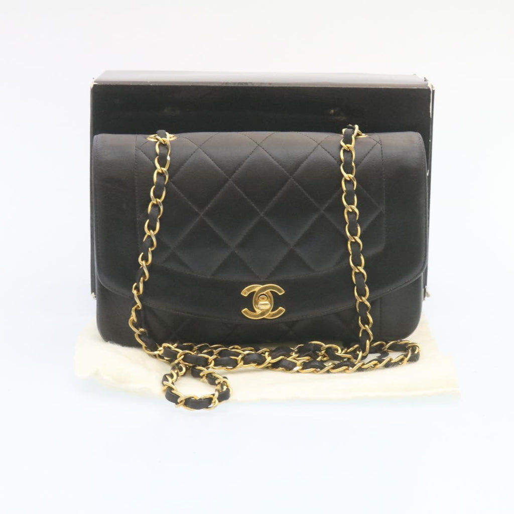CHANEL Chain Turn Lock Diana Matelasse Shoulder Bag Lamb Skin Black  28470A