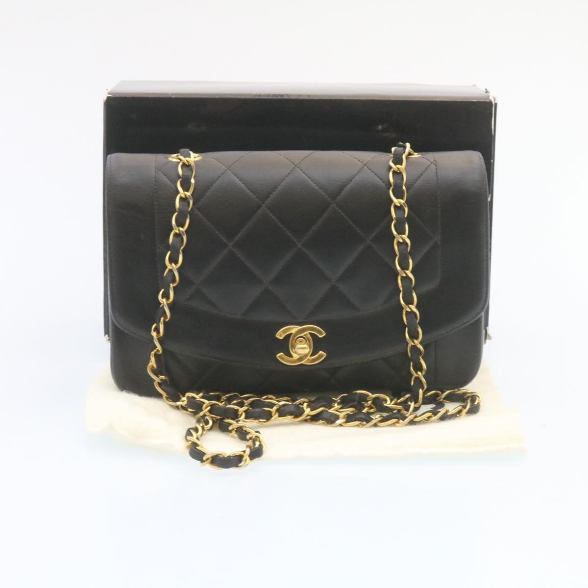 CHANEL Chain Turn Lock Diana Matelasse Shoulder Bag Lamb Skin Black  28470A