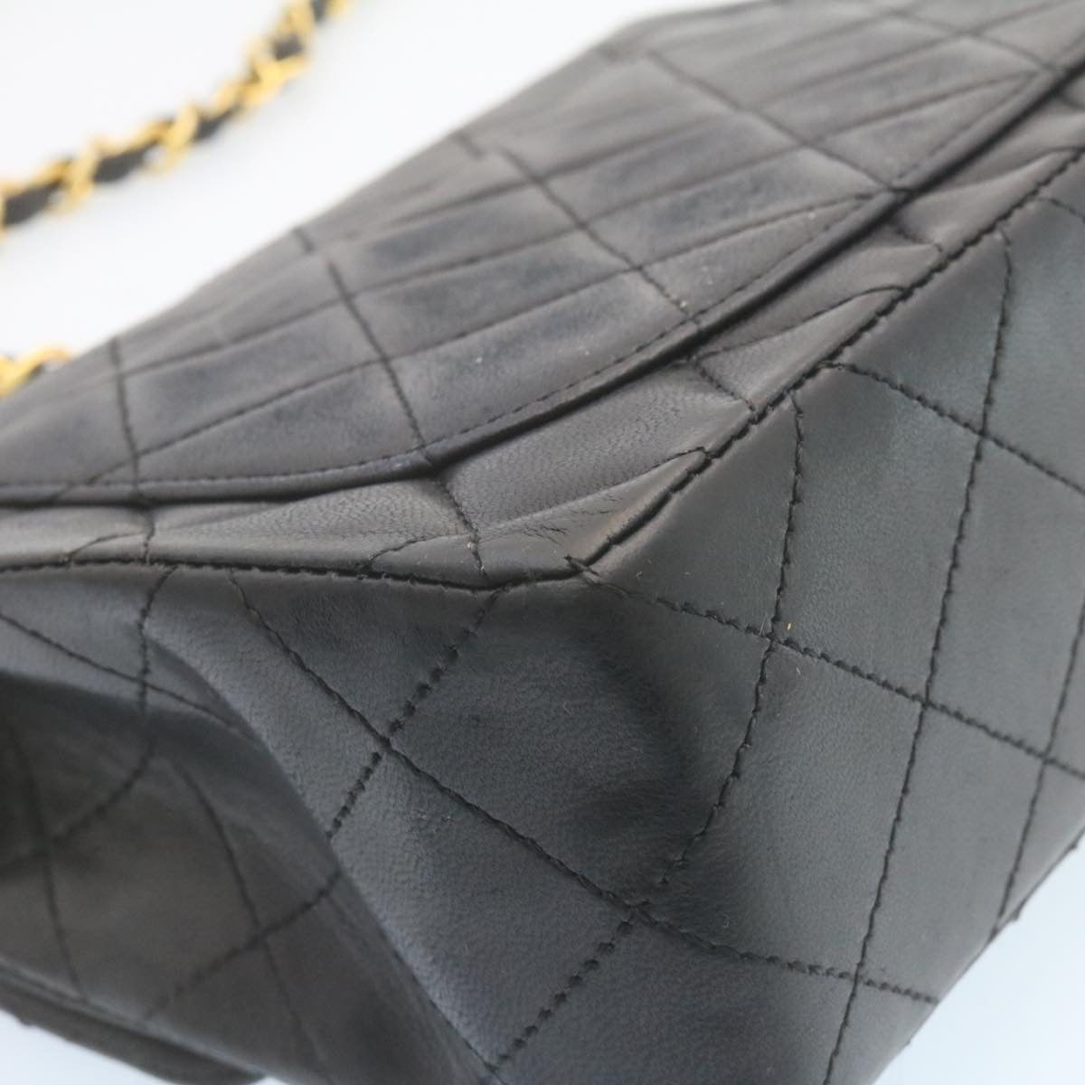 CHANEL Mini Matelasse Chain Flap Shoulder Bag Lamb Skin Black Gold Auth 28471A