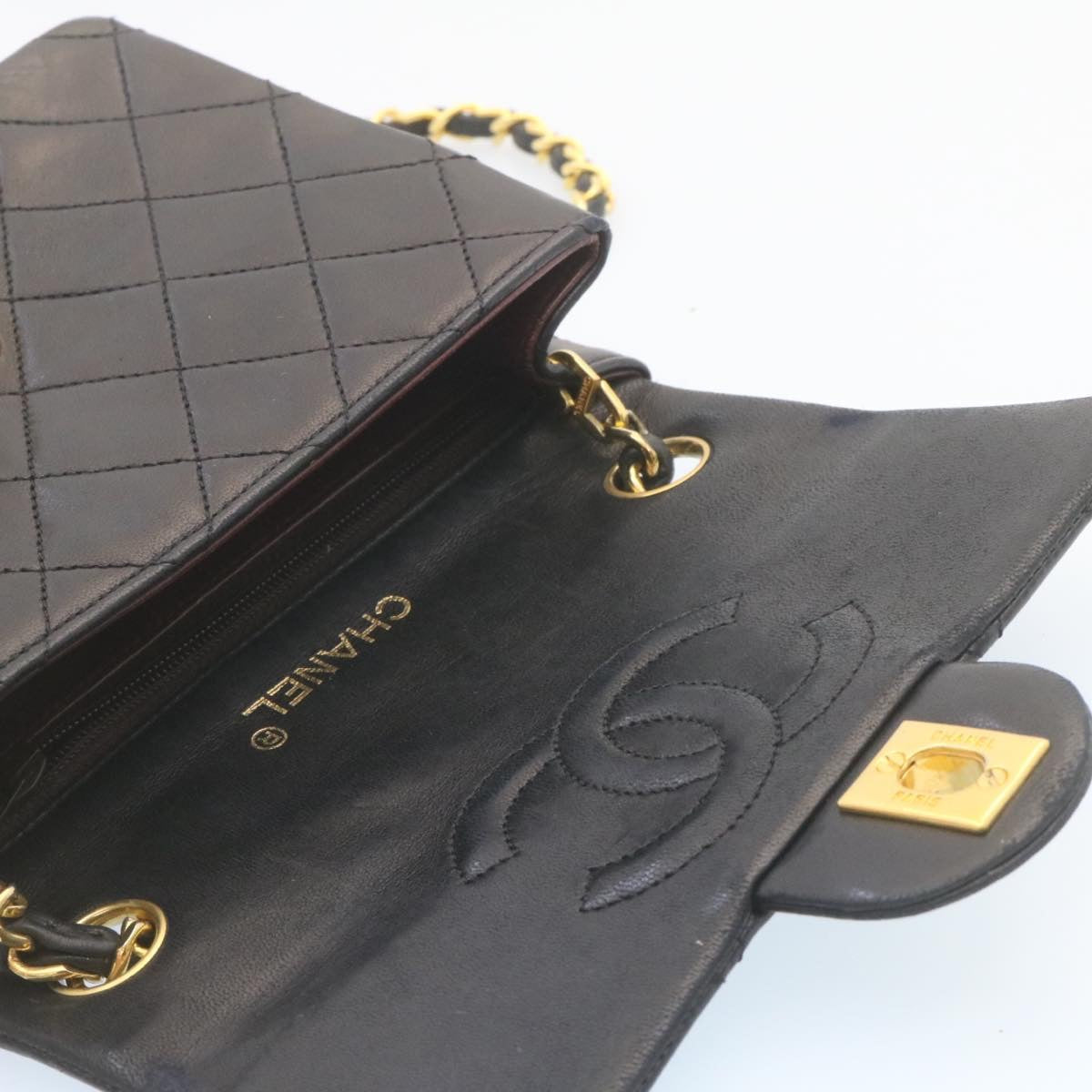 CHANEL Mini Matelasse Chain Flap Shoulder Bag Lamb Skin Black Gold Auth 28471A