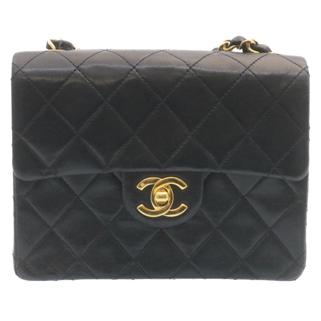 CHANEL Mini Matelasse Chain Flap Shoulder Bag Lamb Skin Black Gold Auth 28471A