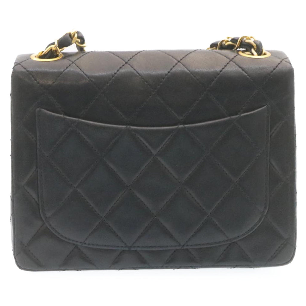 CHANEL Mini Matelasse Chain Flap Shoulder Bag Lamb Skin Black Gold Auth 28471A