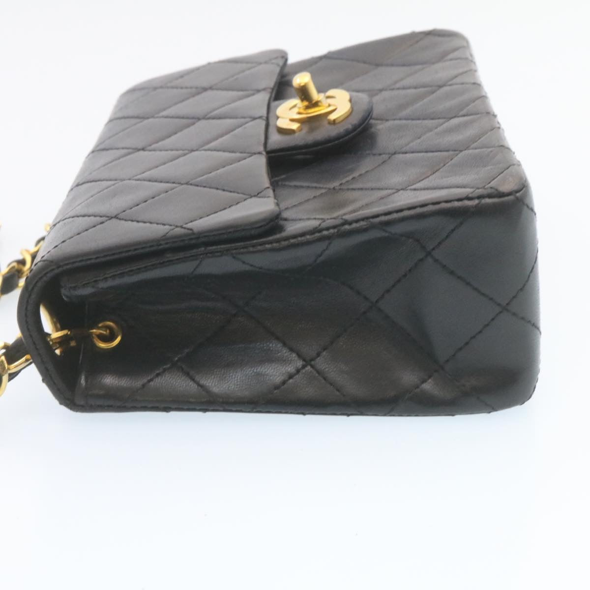 CHANEL Mini Matelasse Chain Flap Shoulder Bag Lamb Skin Black Gold Auth 28471A