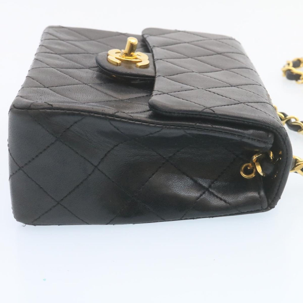 CHANEL Mini Matelasse Chain Flap Shoulder Bag Lamb Skin Black Gold Auth 28471A
