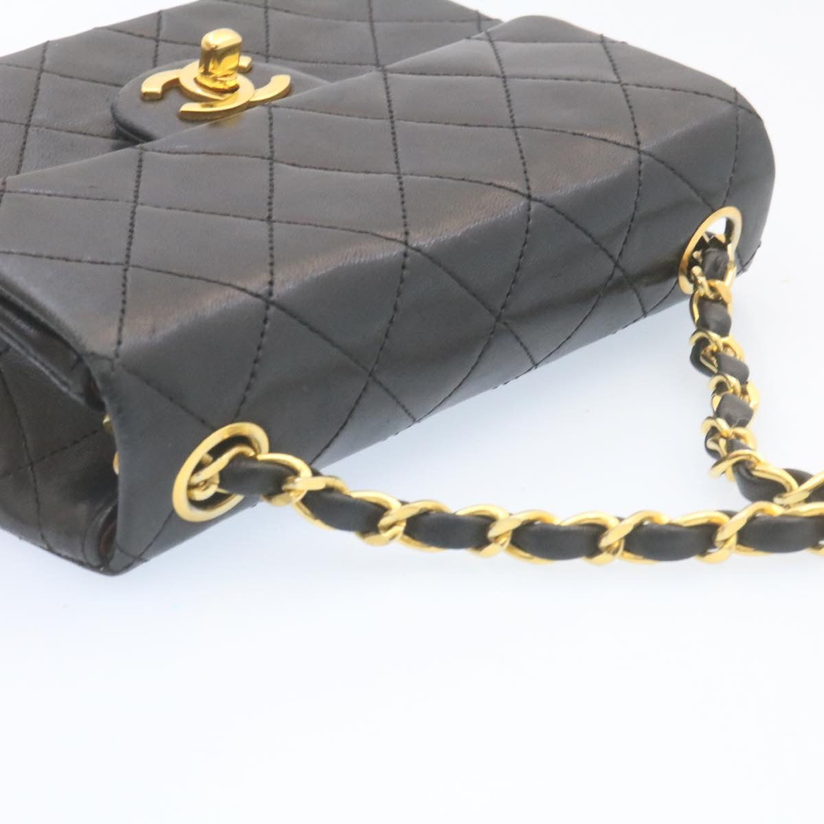 CHANEL Mini Matelasse Chain Flap Shoulder Bag Lamb Skin Black Gold Auth 28471A