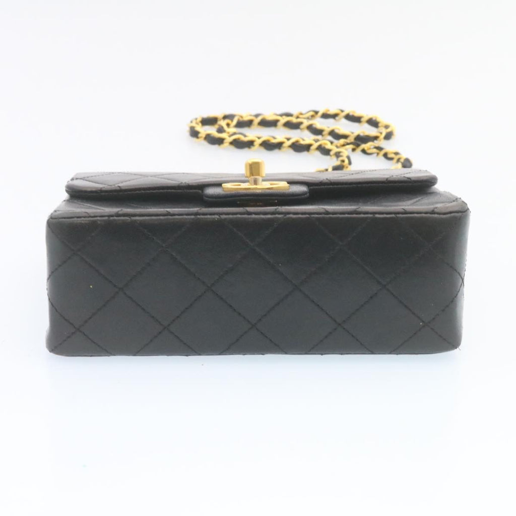 CHANEL Mini Matelasse Chain Flap Shoulder Bag Lamb Skin Black Gold Auth 28471A