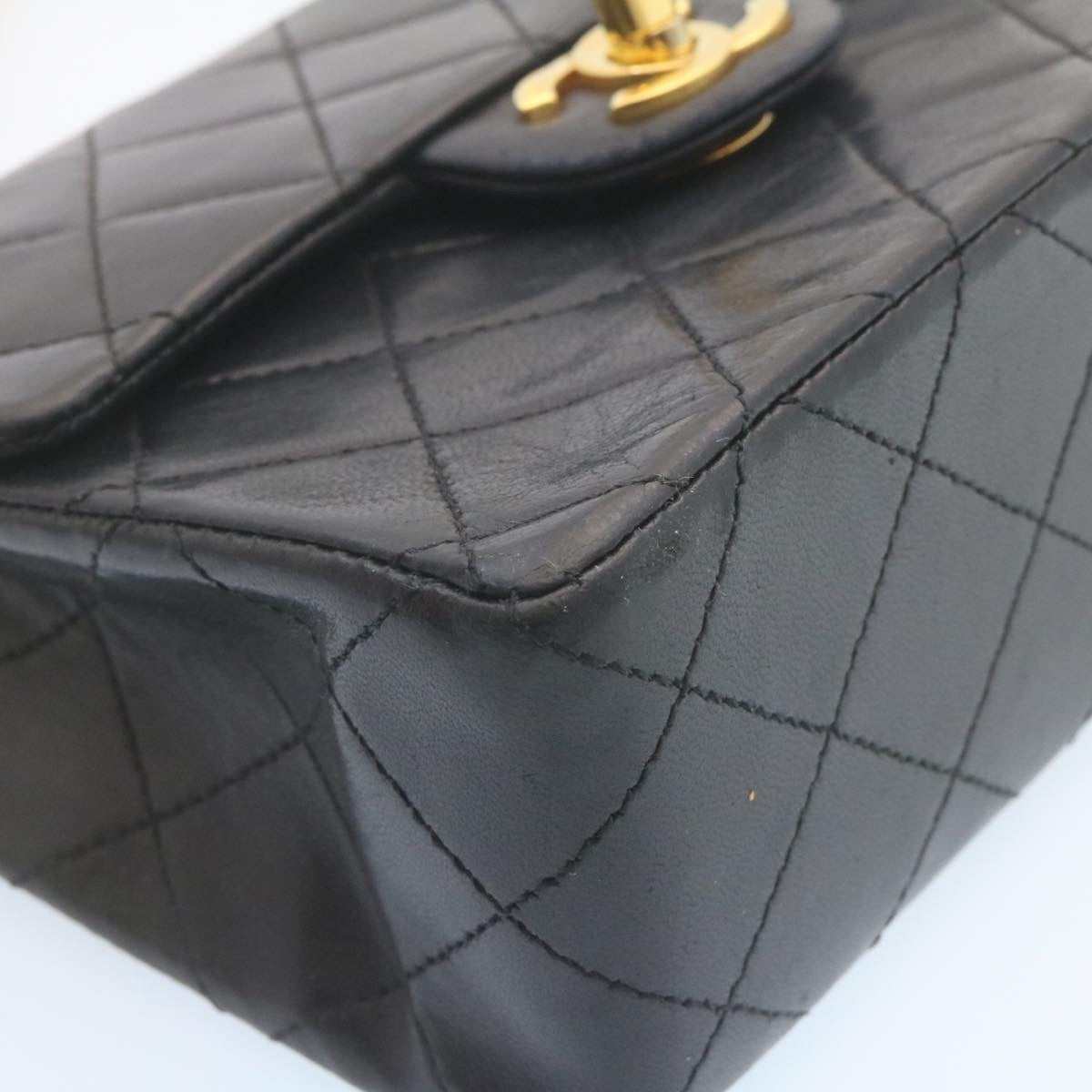 CHANEL Mini Matelasse Chain Flap Shoulder Bag Lamb Skin Black Gold Auth 28471A