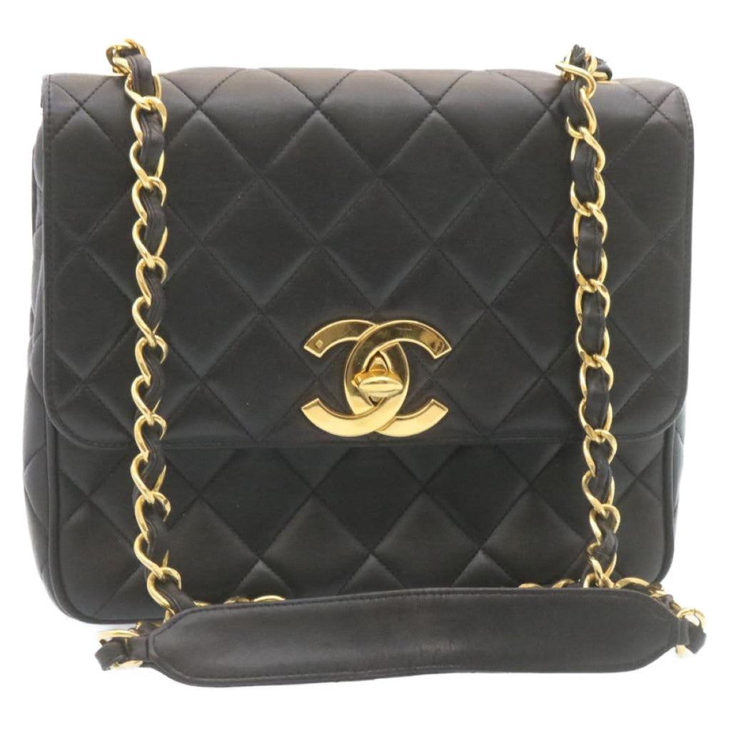 CHANEL Matelasse Chain Flap Shoulder Bag Lamb Skin Black Gold CC  28632A