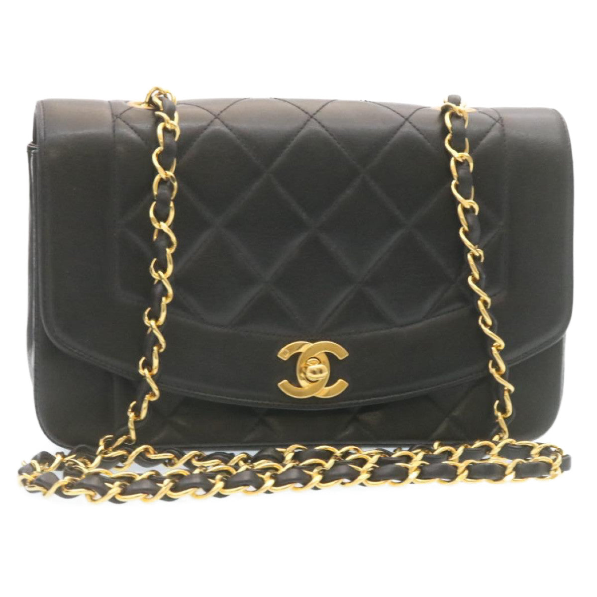 CHANEL Chain Turn Lock Diana Matelasse Shoulder Bag Lamb Skin Black  28643A