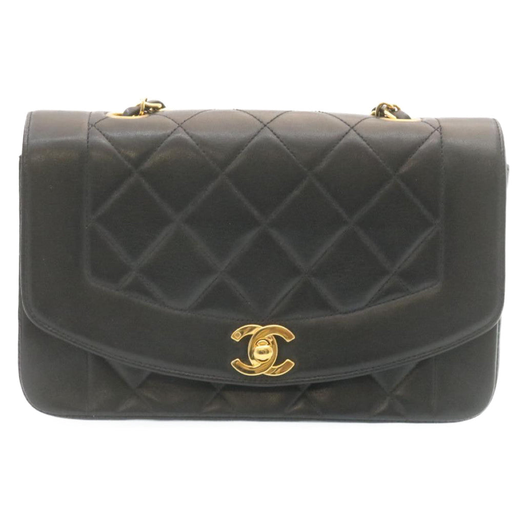 CHANEL Chain Turn Lock Diana Matelasse Shoulder Bag Lamb Skin Black  28643A