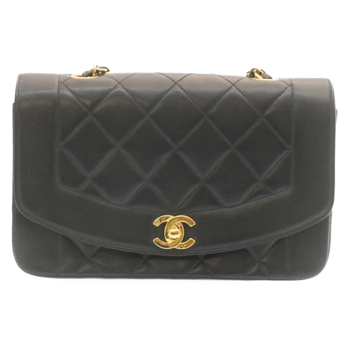 CHANEL Chain Turn Lock Diana Matelasse Shoulder Bag Lamb Skin Black  28643A