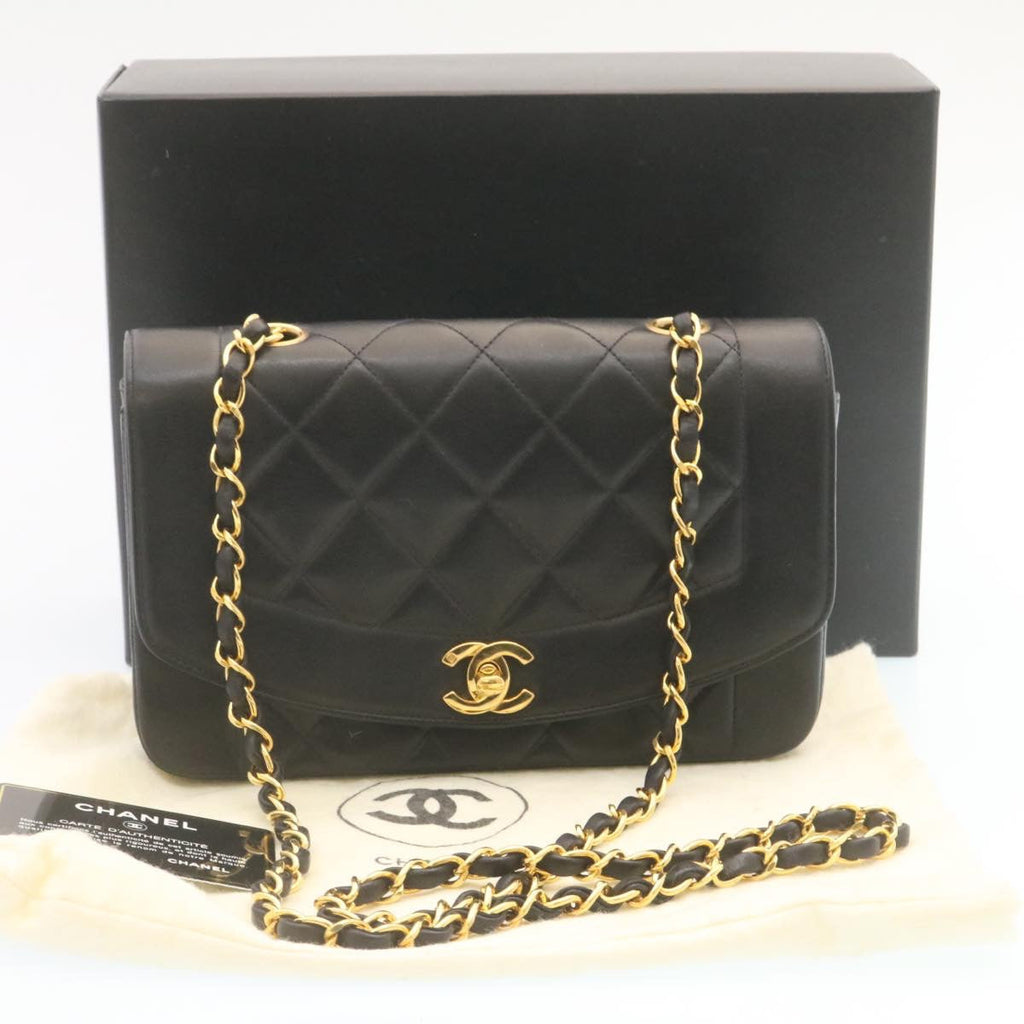 CHANEL Chain Turn Lock Diana Matelasse Shoulder Bag Lamb Skin Black  28643A