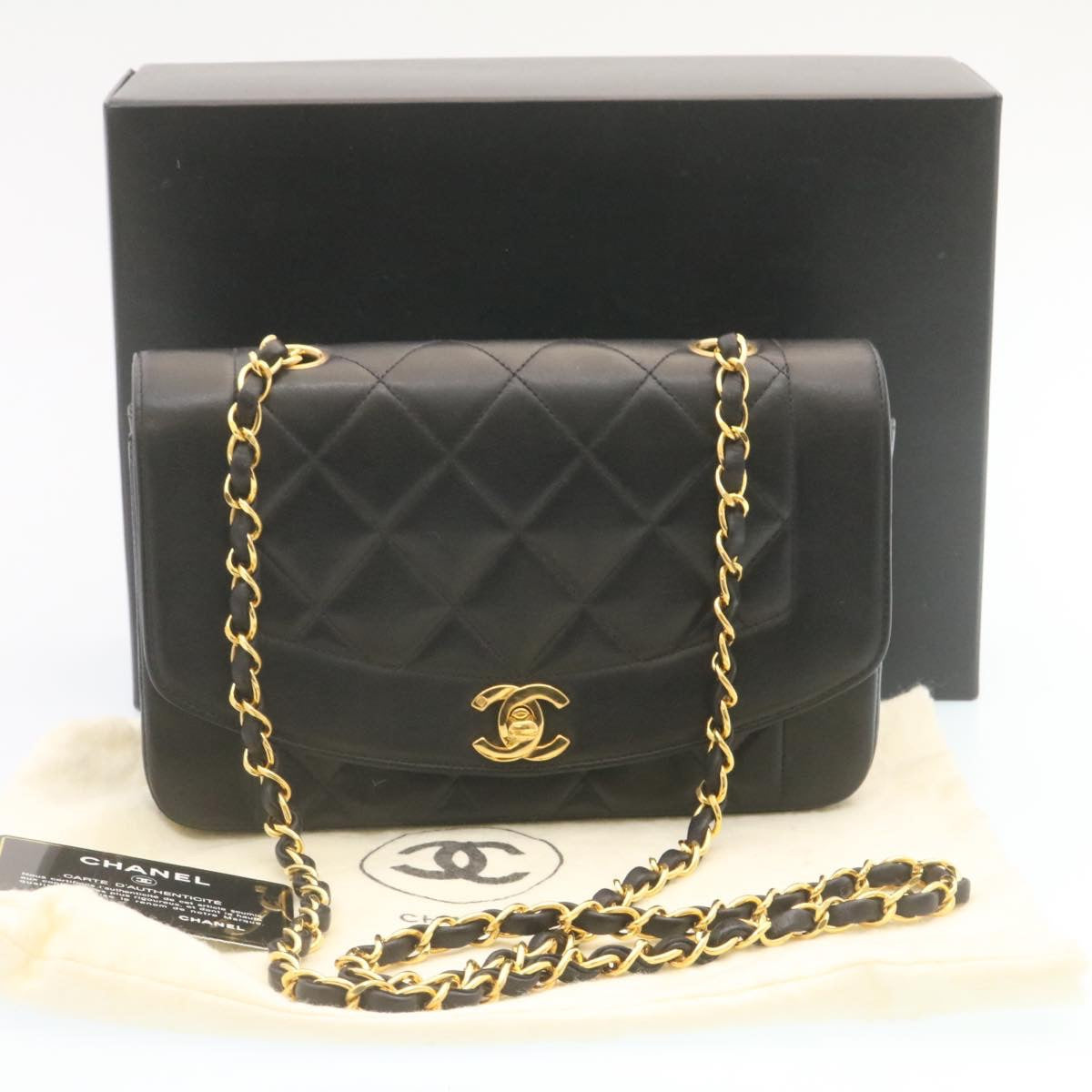 CHANEL Chain Turn Lock Diana Matelasse Shoulder Bag Lamb Skin Black  28643A