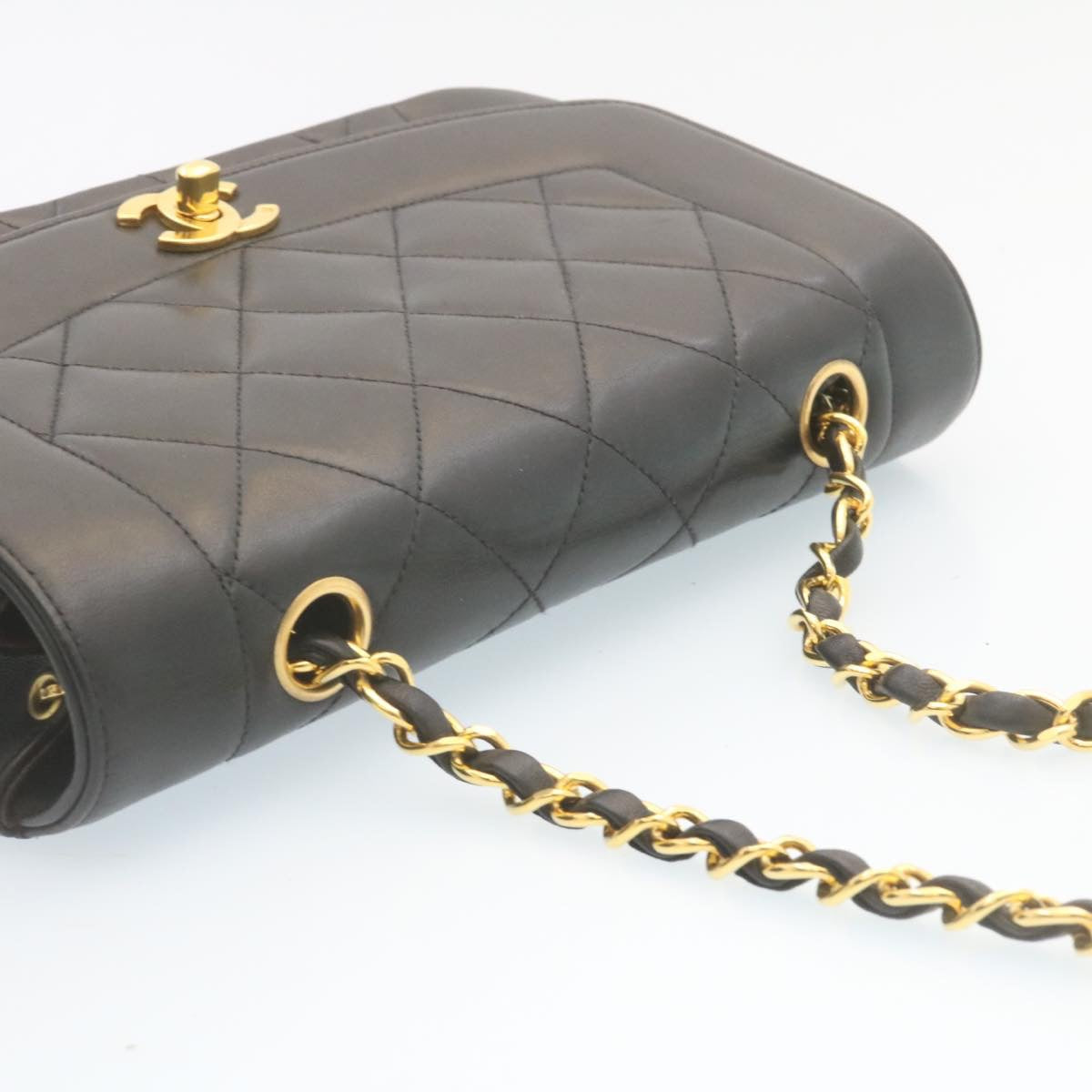 CHANEL Chain Turn Lock Diana Matelasse Shoulder Bag Lamb Skin Black  28643A