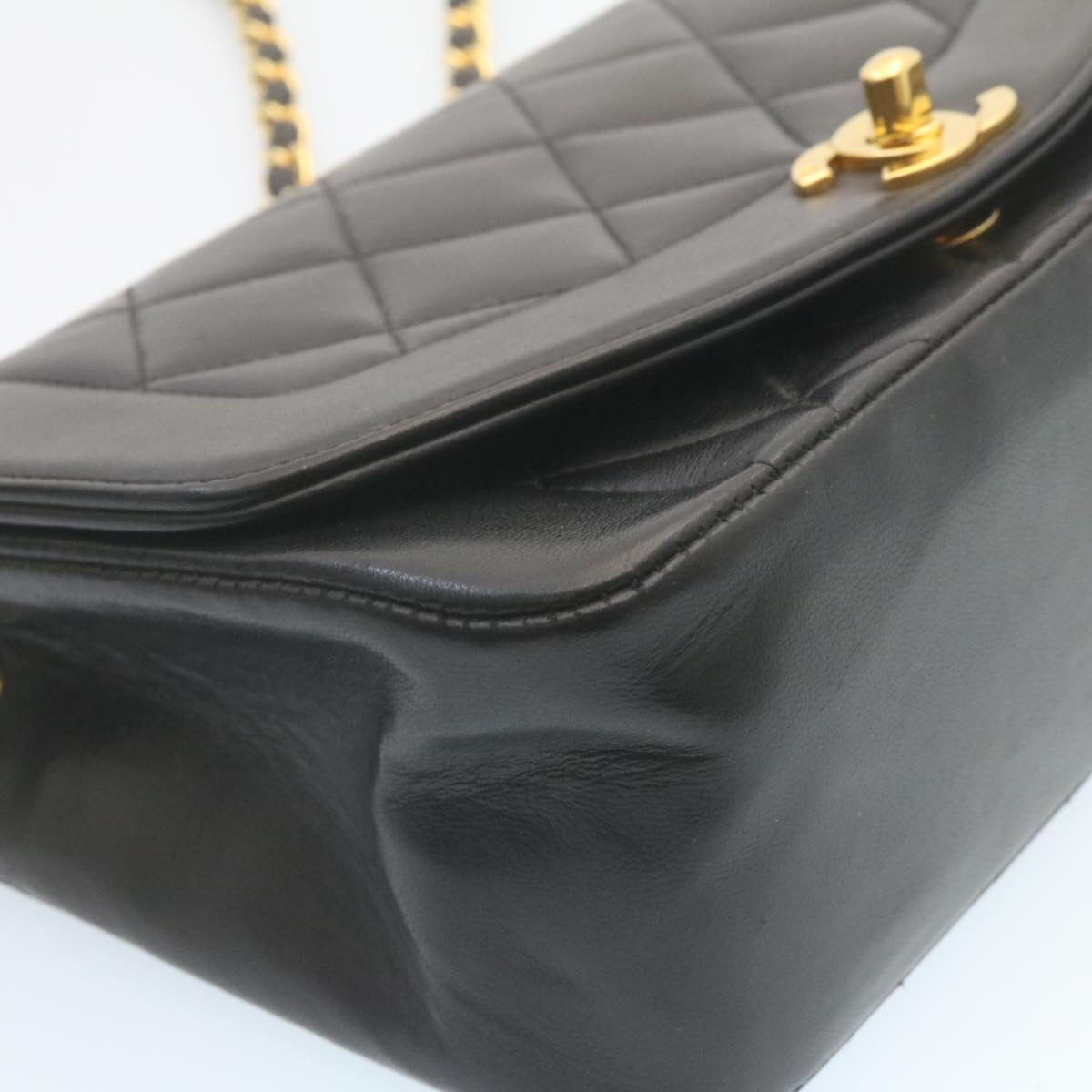 CHANEL Chain Turn Lock Diana Matelasse Shoulder Bag Lamb Skin Black  28643A