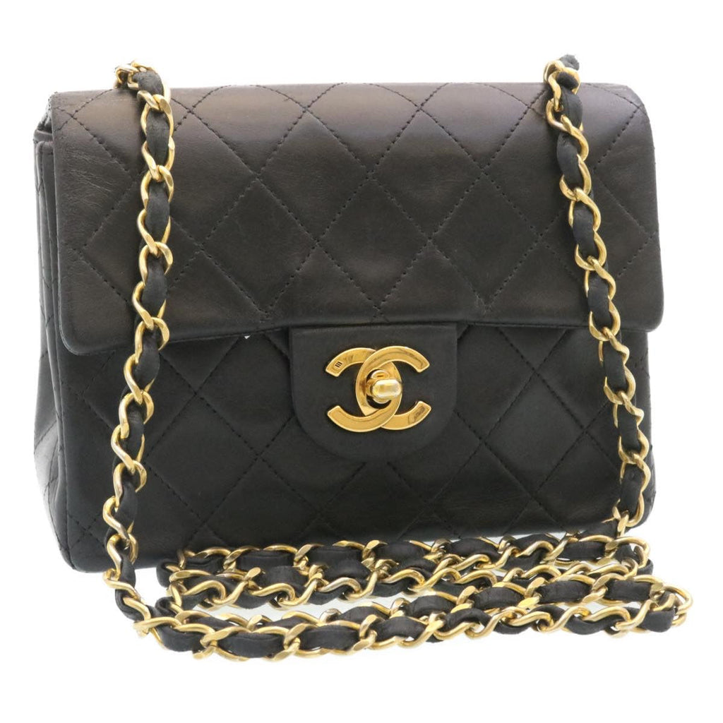 CHANEL Mini Matelasse Chain Flap Shoulder Bag Lamb Skin Black Gold  29069A