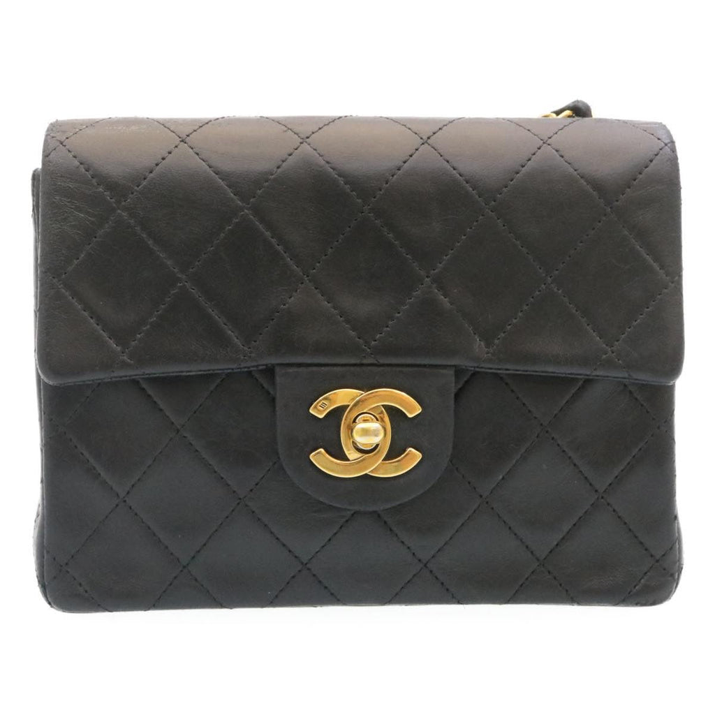 CHANEL Mini Matelasse Chain Flap Shoulder Bag Lamb Skin Black Gold Auth 29069A