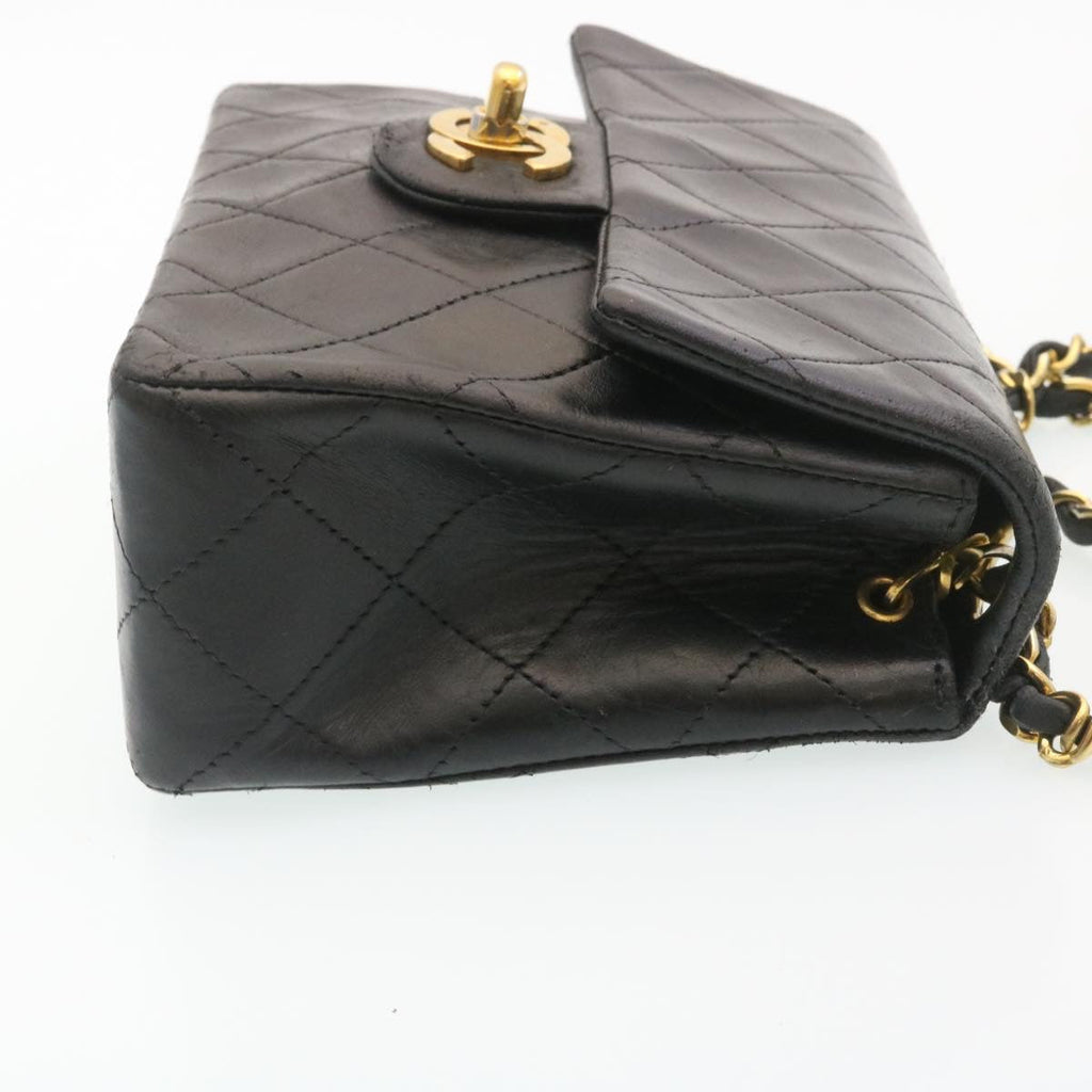 CHANEL Mini Matelasse Chain Flap Shoulder Bag Lamb Skin Black Gold Auth 29069A