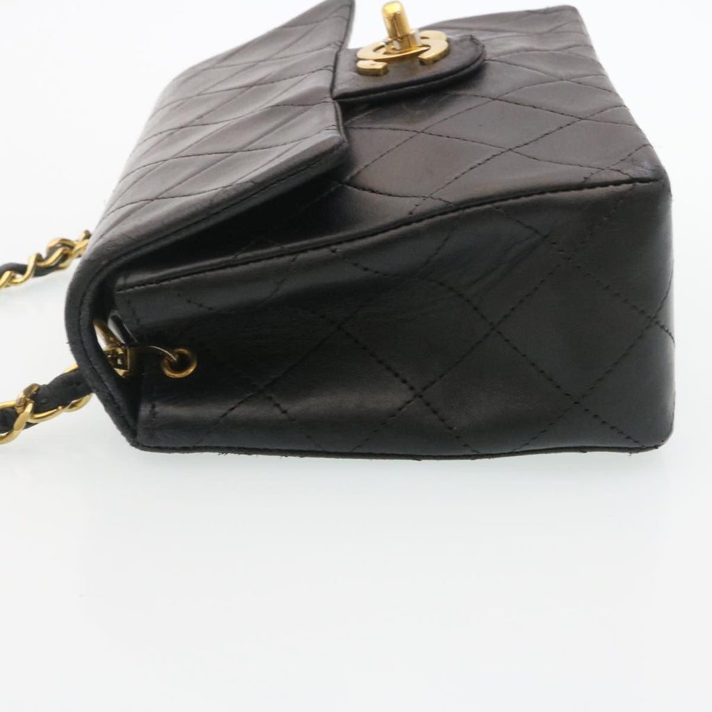 CHANEL Mini Matelasse Chain Flap Shoulder Bag Lamb Skin Black Gold Auth 29069A