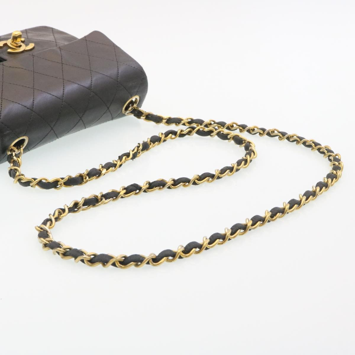 CHANEL Mini Matelasse Chain Flap Shoulder Bag Lamb Skin Black Gold Auth 29069A