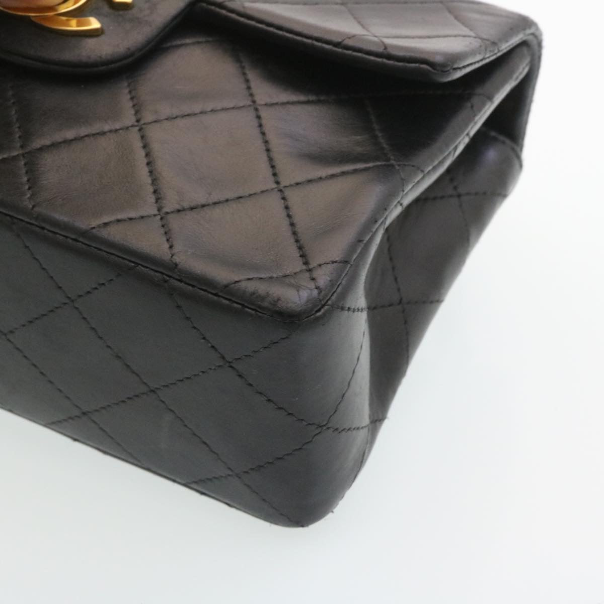 CHANEL Mini Matelasse Chain Flap Shoulder Bag Lamb Skin Black Gold Auth 29069A