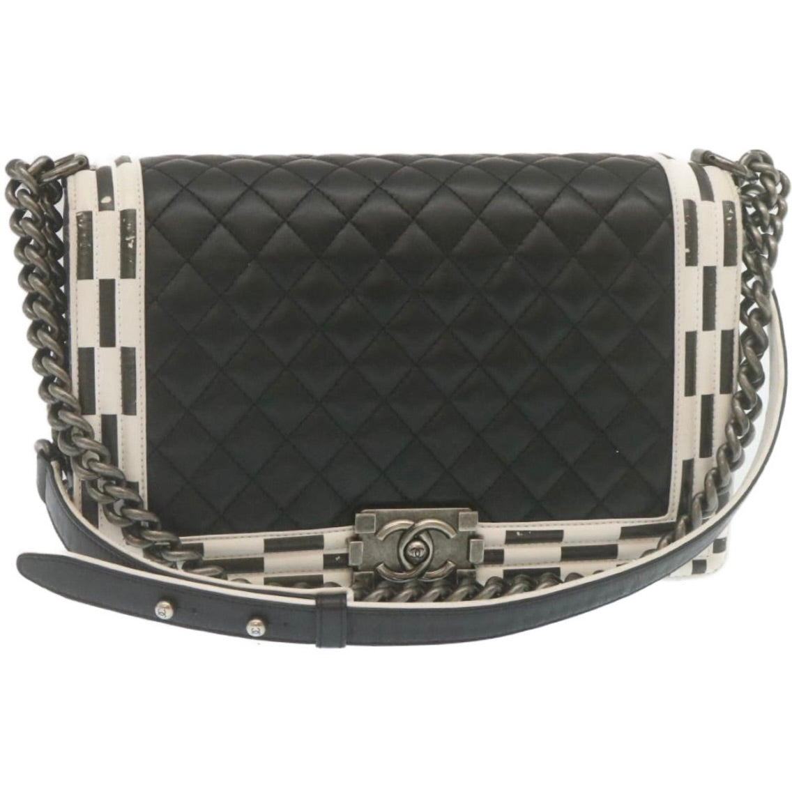 CHANEL Matelasse Boy  Chain Shoulder Bag Lamb Skin Black CC Auth 29190A