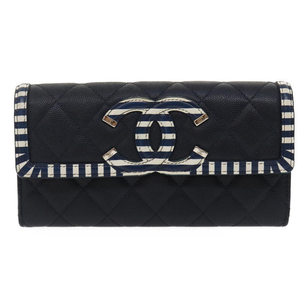 CHANEL Matelasse Cruise Line Long Wallet Caviar Skin Navy CC  29542A