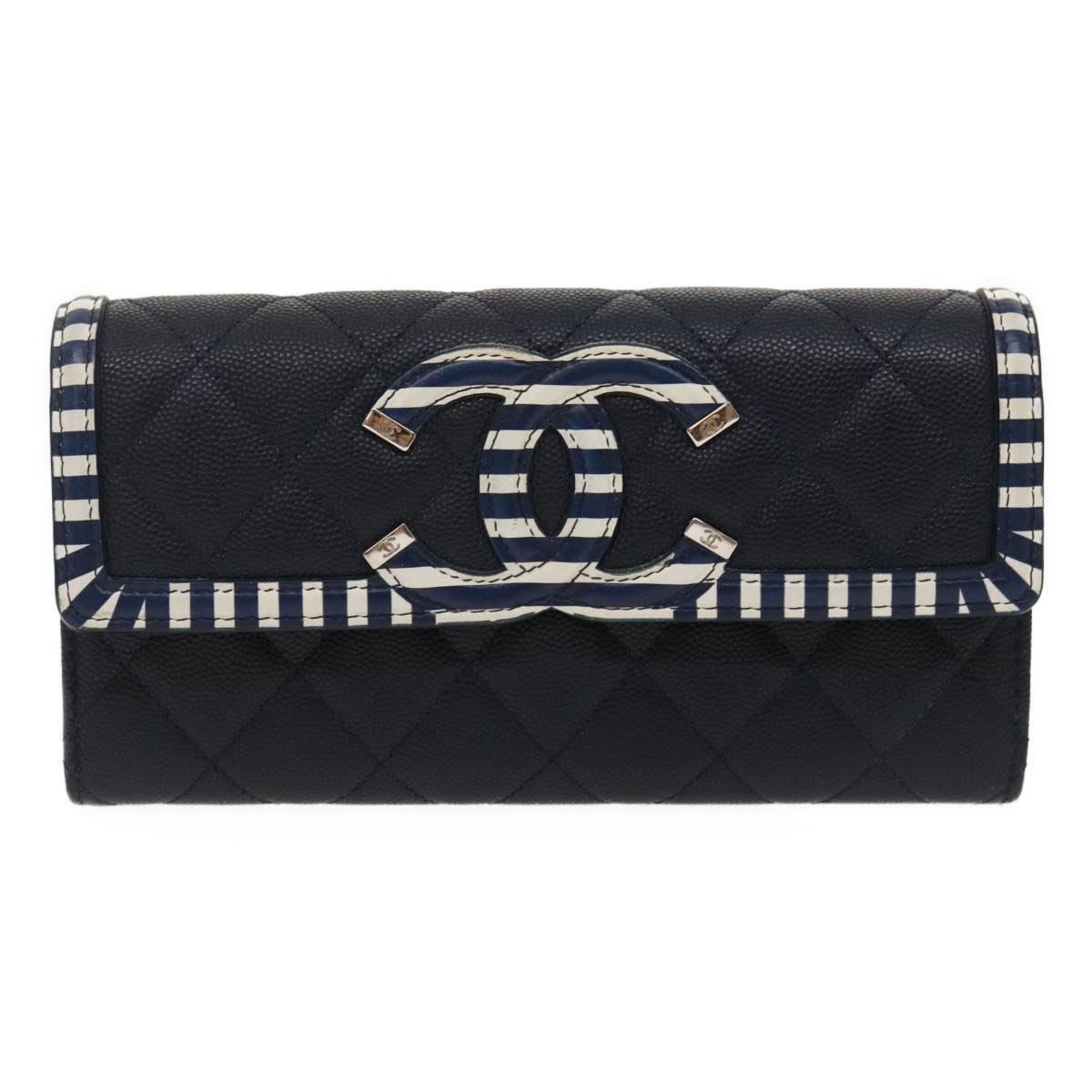 CHANEL Matelasse Cruise Line Long Wallet Caviar Skin Navy CC  29542A