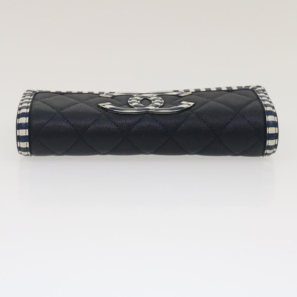 CHANEL Matelasse Cruise Line Long Wallet Caviar Skin Navy CC Auth 29542A