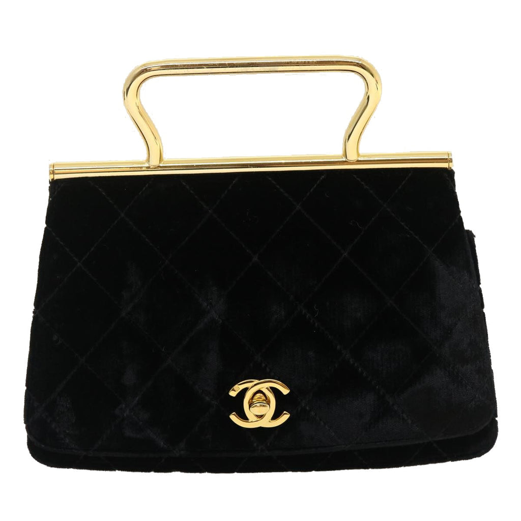 CHANEL Turn Lock Flap Matelasse Hand Bag velvet Black Gold CC  29565A