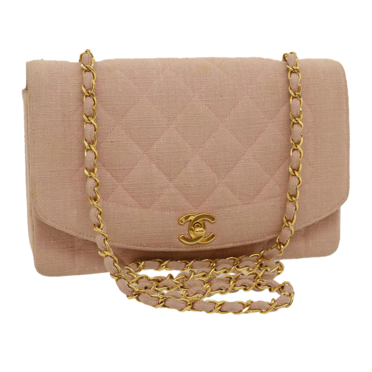 CHANEL Matelasse Turn Lock Chain Diana Shoulder Bag Canvas Pink CC  29889A