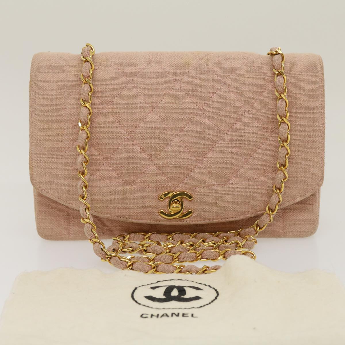 CHANEL Matelasse Turn Lock Chain Diana Shoulder Bag Canvas Pink CC  29889A