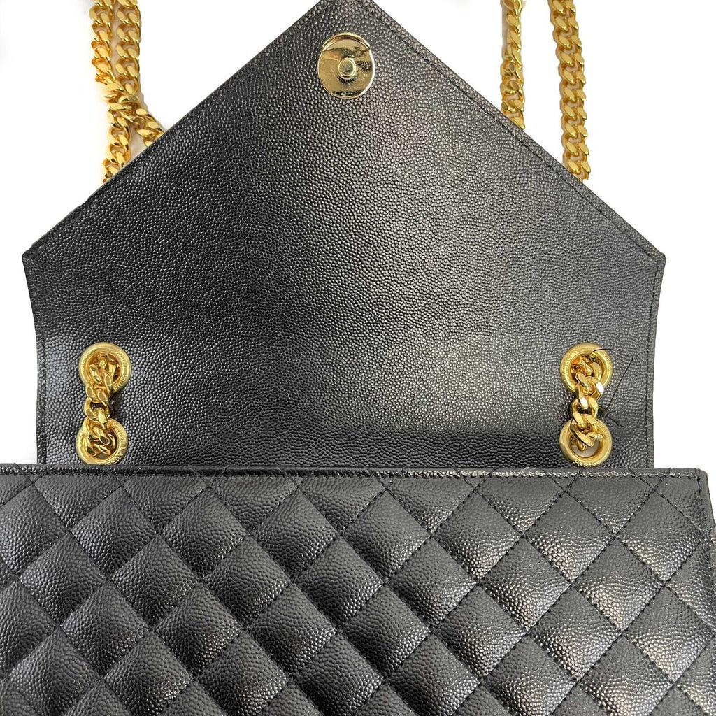 SAINT LAURENT Black Medium Triquilt Envelope Chain Grain de Poudre Shoulder Bag
