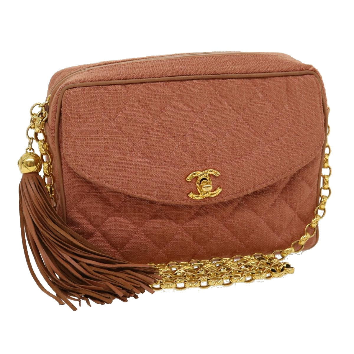 CHANEL Diana Turn Lock Chain Shoulder Bag Linen Fringe Pink CC  30153A
