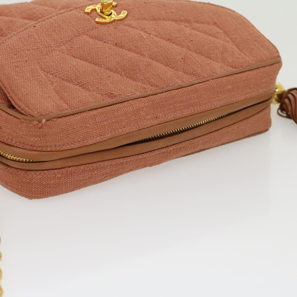 CHANEL Diana Turn Lock Chain Shoulder Bag Linen Fringe Pink CC  30153A