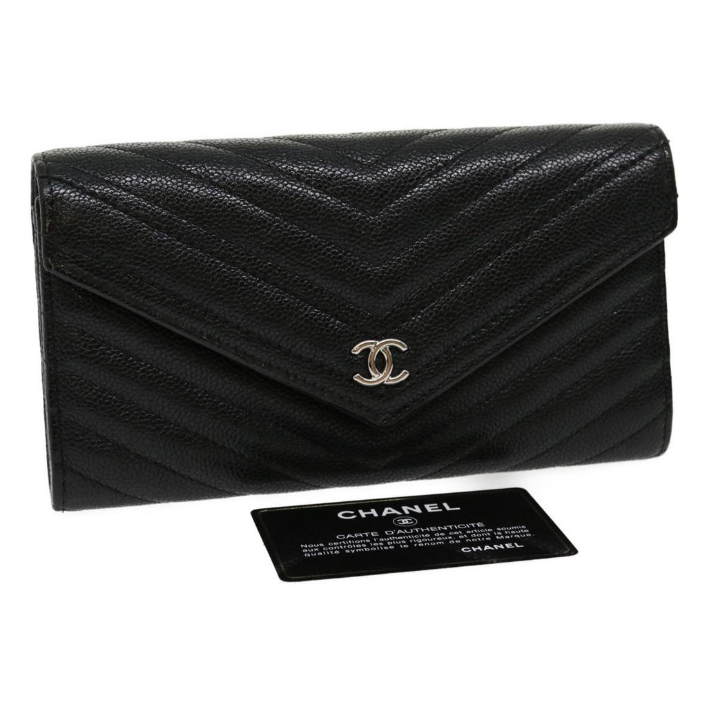 CHANEL V stitch Long Wallet Caviar Skin Black CC  30285A