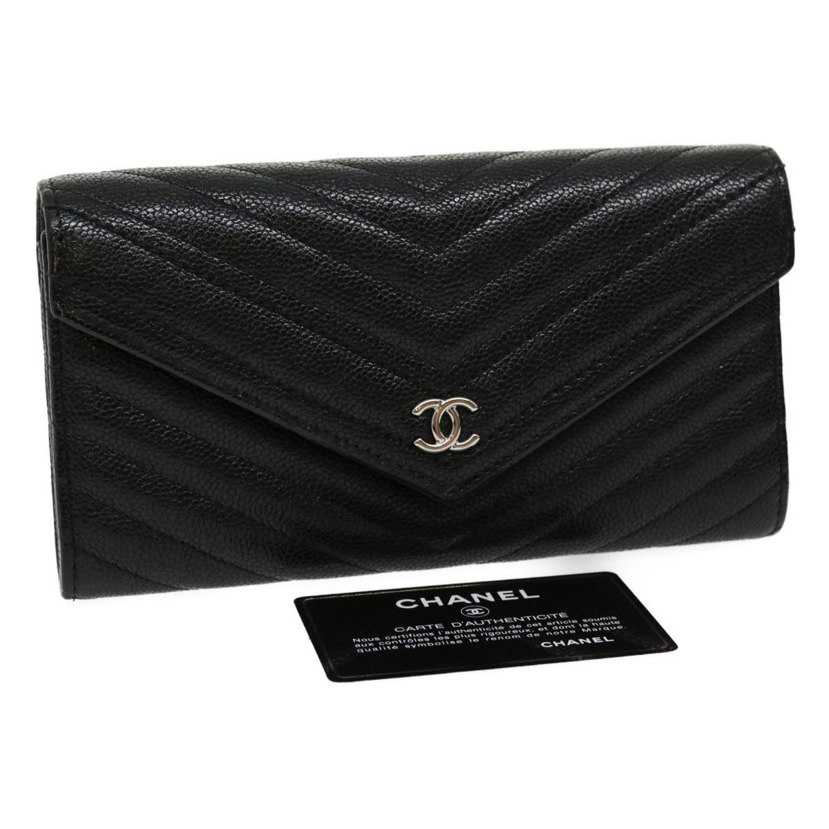 CHANEL V stitch Long Wallet Caviar Skin Black CC  30285A