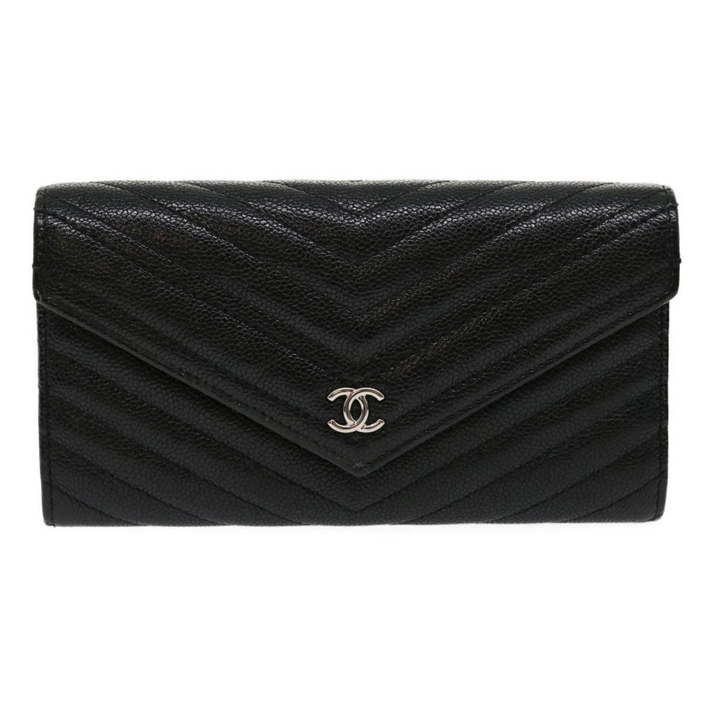 CHANEL V stitch Long Wallet Caviar Skin Black CC  30285A