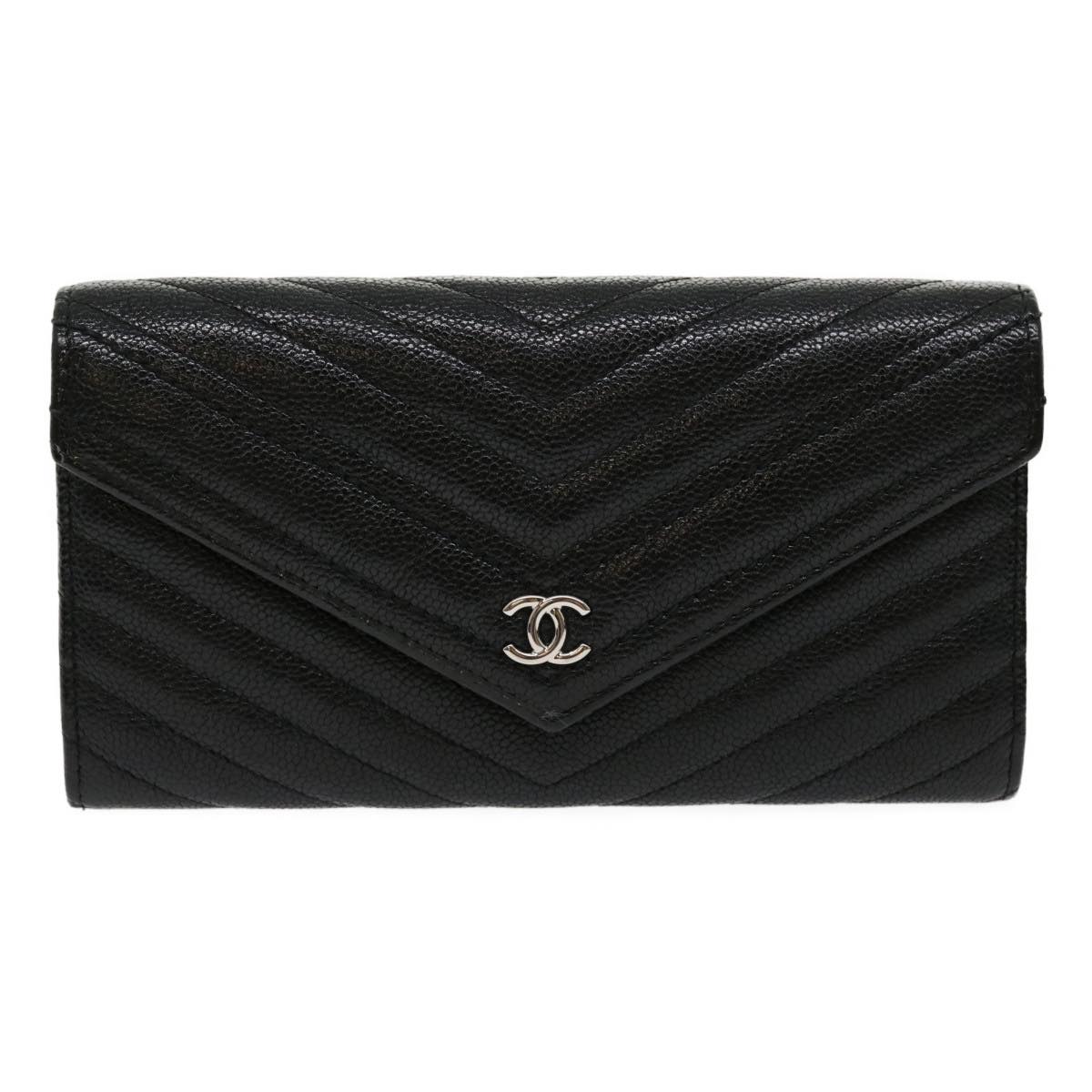 CHANEL V stitch Long Wallet Caviar Skin Black CC  30285A