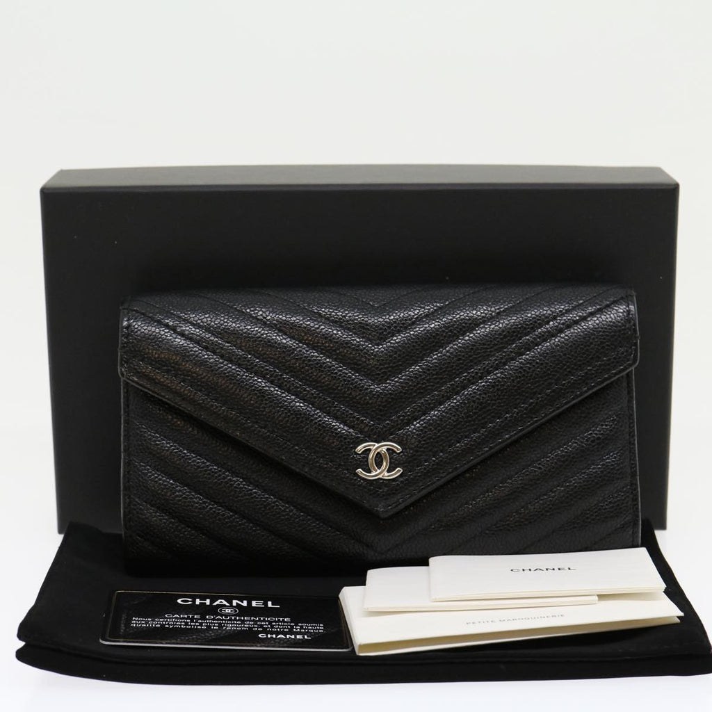 CHANEL V stitch Long Wallet Caviar Skin Black CC  30285A