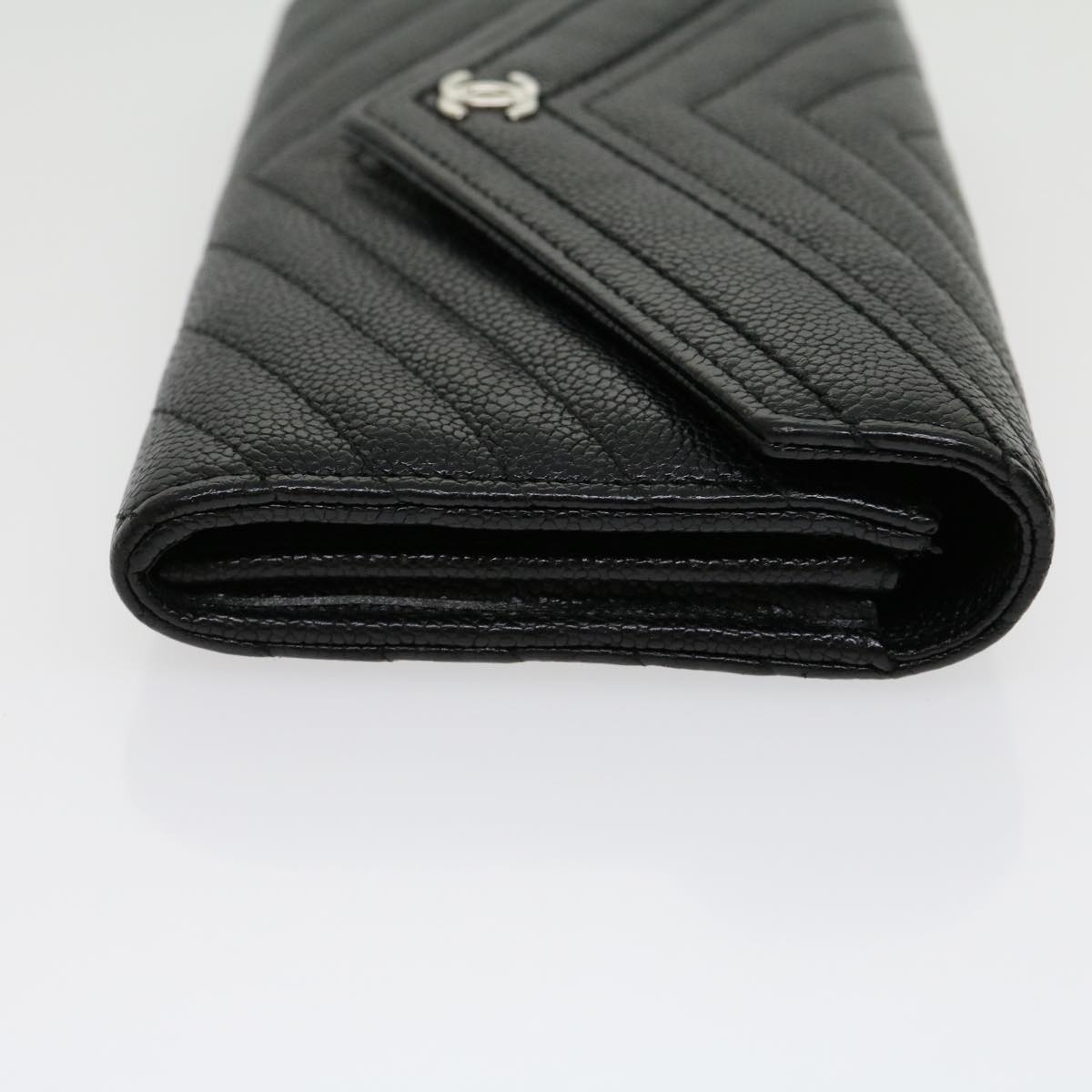 CHANEL V stitch Long Wallet Caviar Skin Black CC  30285A