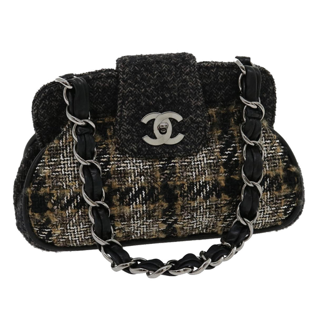 CHANEL Turn Lock Chain Shoulder Bag Wool Gray CC  30734A