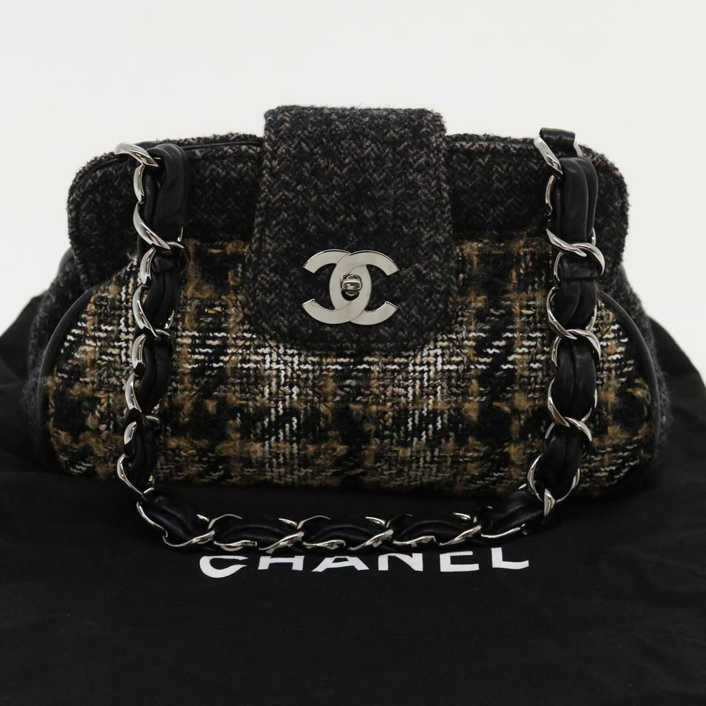 CHANEL Turn Lock Chain Shoulder Bag Wool Gray CC  30734A