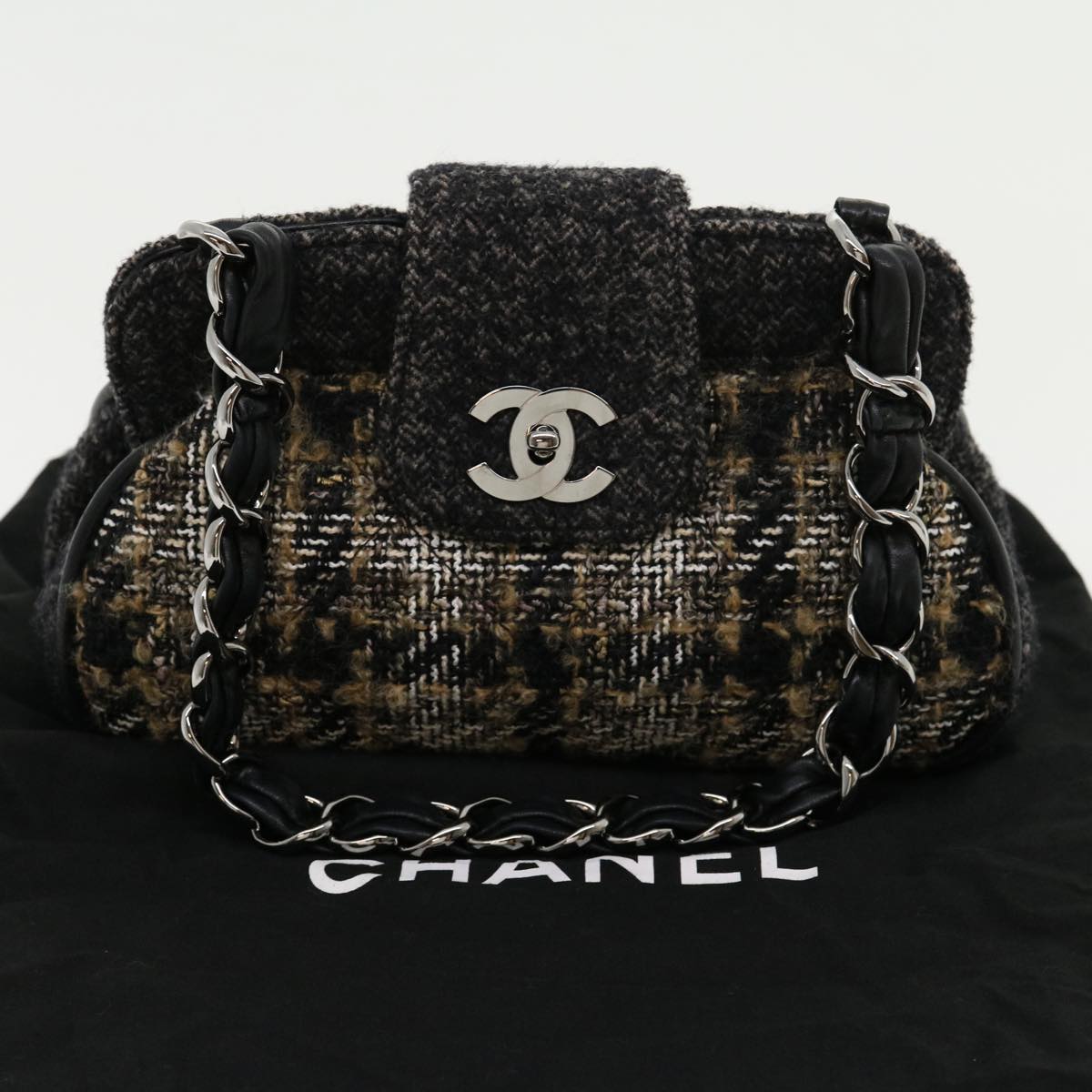 CHANEL Turn Lock Chain Shoulder Bag Wool Gray CC  30734A