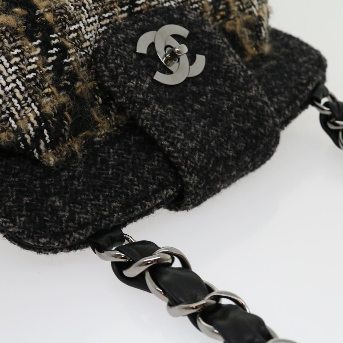 CHANEL Turn Lock Chain Shoulder Bag Wool Gray CC  30734A