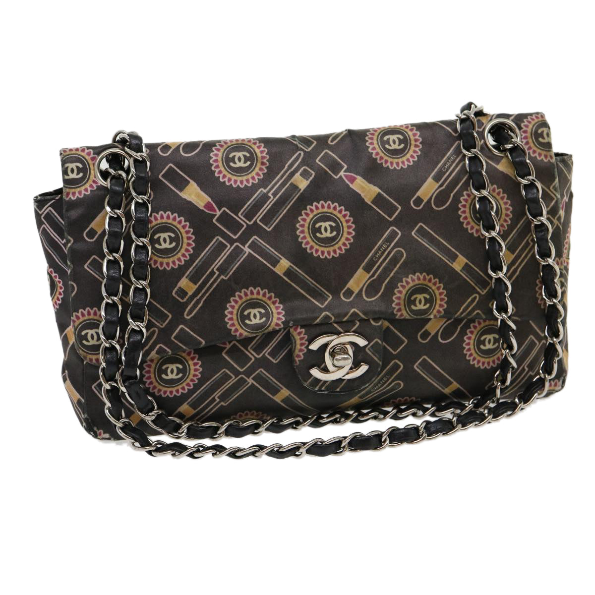 CHANEL Lip Chain Turn Lock Shoulder Bag Satin Black CC  30892